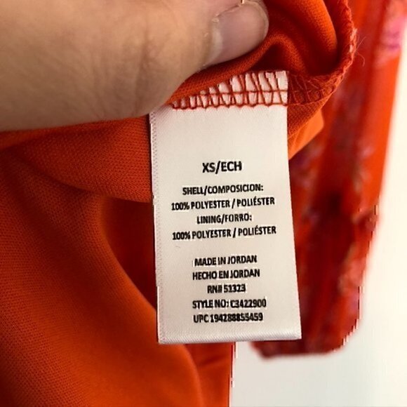 VINCE CAMUTO Floral Print Long Sleeve Split V-Neck Tiered Shift Dress Orange XS - Picture 7 of 12